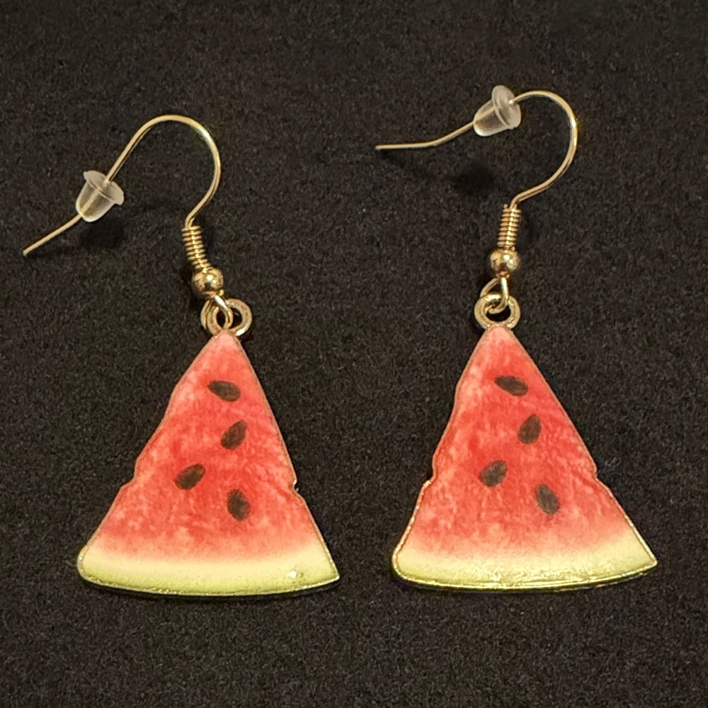 Watermelon Slice Drop Earrings - Gold-Tone Hooks with Pink & Green Enamel